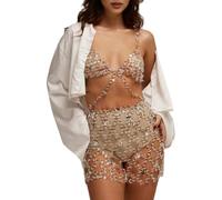 Whoasyst Body Chain Suit Rhinestones Bikinis Beach Jewelry Layered Crystal Bra Top Short Skirt Set Beach Jewelry Accessories