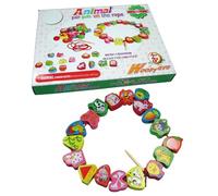 Whoasyst Lacing Beads Toys For Toddler Wooden Primary String Threading Beads Preschool Educational Learning Toys Gifts Wooden Stringing Animals Fruits