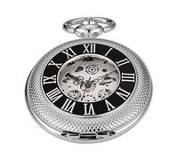 Whodoit Black and Silver Mechanical Pocket Watch Roman Numeral Dial Men's Mechanical Pocket Watch Strap Chain + Box, MW113