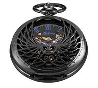 Whodoit Black and Silver Mechanical Pocket Watch Roman Numeral Dial Men's Mechanical Pocket Watch Strap Chain + Box, MW145, Digital,Mechanical