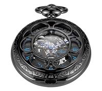 Whodoit Black and Silver Roman Numeral Dial Mens Mechanical Moon Phase Design, Moon Sun Pattern Skeleton Mechanical Pocket Watches for Men with Case and Chain - Black, MW104