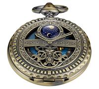 Whodoit Black and Silver Roman Numeral Dial Mens Mechanical Moon Phase Design, Moon Sun Pattern Skeleton Mechanical Pocket Watches for Men with Case and Chain - Black, MW149, Retro