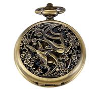 Whodoit Bronze Retro Mechanical Pocket Watch Skeleton Roman Numerals Hollow Mechanical Pocket Watches with Box, MW137, Retro
