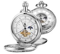 Whodoit Men's Mechanical Pocket Watch with Chain, Vintage Full Copper Hand-Wind Second&24hours Sub-dials Pocket Watches for Men with Box, BMW154-Silver