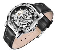 Whodoit Men's Skeleton Mechanical Roman Numeral Mesh Strap Watch, Hand Winding Mechanical Mesh Luminous Waterproof Watch for Men, WIN3S1-Black, fashion
