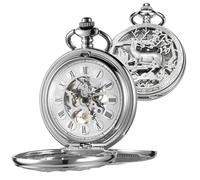 Whodoit Vintage Gold Double Sides Open Case Mechanical Men's Pocket Watch,Double Face Roman Dial Clock Hand Wind Pocket Watch for Men with FOB Chain, BMW105-Silver, Mechanical