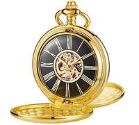 Whodoit Vintage Gold Double Sides Open Case Mechanical Men's Pocket Watch,Double Face Roman Dial Clock Hand Wind Pocket Watch for Men with FOB Chain, MW147, Retro