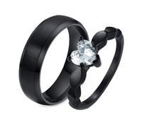 Whoiy 6MM His and Her Rings Wedding Ring Set Heart Black with Engraving His and Hers Promise Rings Sets Stainless with Cubic Zirconia Women Size N 1/2 & Men Size R 1/2