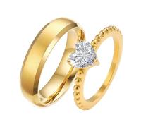 Whoiy 6MM Men and Women Wedding Rings Matching Heart Gold with Engraving Stainless Promise Rings with Cubic Zirconia Women Size L 1/2 & Men Size J 1/2