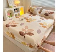 Whoiy Beige Khaki Velvet Mattress Fitted Sheet Super King Size, Leaves Pattern Printed Winter Bed Sheets Fitted Deep Pocket Soft 180x200cm Bedsheets