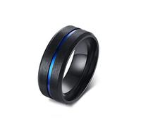 Whoiy Black Blue Ring Engraved for Men Matte, 8MM Grooved Wedding Engagement Bands Stainless Steel Promise Rings Size R 1/2