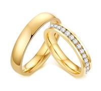 Whoiy Engagement and Wedding Ring Set for Both 4MM Stainless Steel Eternity Gold Matching Rings for Couples Set with Cubic Zirconia Women Size P 1/2 & Men Size L 1/2
