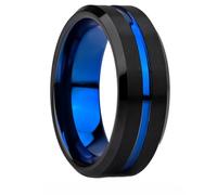 Whoiy Engagement Rings Band for Him Tungsten Carbide Beveled Edge, 8MM Black Blue Groove Engagement Rings Wedding Rings for Men Size O 1/2
