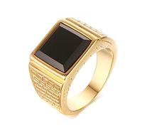 Whoiy Gold Plated Promise Rings for Him with Black Agate, Large Anniversary Bands 13MM Stainless Steel Rings with Engraving for Men Size V 1/2