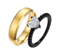 Whoiy His and Hers Promise Rings Personalized Black Gold 6MM with Cubic Zirconia Stainless Steel Couples Wedding Rings Sets Heart with Engraving Women Size N 1/2 & Men Size P 1/2