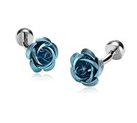 Whoiy Navy Blue Cufflinks for Men, Wedding Cufflinks for Groom from Bride Stainless Steel Blue Wedding Cufflinks Roses Flowers for Menfree Engraved