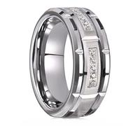 Whoiy Tungsten Carbide Promise Rings Band 8MM Engraved Brushed, Silver Beveled Edge Wedding Band Anniversary for Men with Cubic Zirconia Size U 1/2