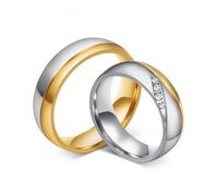 Whoiy Wedding Anniversary Rings Set 6MM Stainless Steel Two Tone Silver Gold Matching Couple Rings Simple Polished with Cubic Zirconia Women Size R 1/2 & Men Size V 1/2