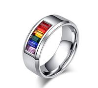 Whoiy Women Ring Engagement, Silver Wedding Bands Men Size V 1/2 Stainless Steel Rainbow Pride Ring for Gay Lesbian for Free Engrave
