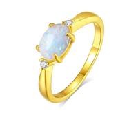 Whoiy Women's Wedding Rings with Opal Solid 9 Karat Real Gold Anniversary Ring Bands Oval Opal Yellow Gold Solitaire Engagement Band with Moissanite for Her Size U 1/2