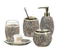 WHOLE HOUSEWARES | Bathroom Accessory Set | 5-Piece Decorative Glass Bathroom Accessories Set | Soap Dispenser, Tray, Jar, Toothbrush Holder | Gift Idea | Elegant Gold Mosaic Glass (Gold)