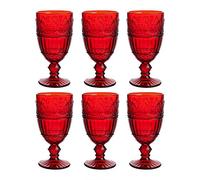 WHOLE HOUSEWARES Colored Glass Goblet | Set of 6 Drinking Glasses | 11.5 oz Embossed Design | Wedding Glass Red 6 Count (Pack of 1)
