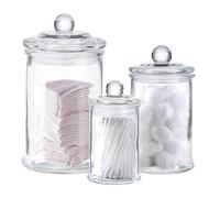WHOLE HOUSEWARES Glass Apothecary Jars with Lids - Set of 3 Bathroom Storage Containers - Cosmetic Storage Canisters - Airtight Glass Jars Ideal for Cotton Pads, Buds, and Swabs