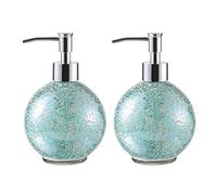 WHOLE HOUSEWARES | Glass Mosaic Hand Soap Dispenser for Bathroom | Lotion Bottle for Kitchen, Bathroom with Chrome Plated Plastic Pump |14 Ounce Set of 2 (Turquoise)