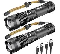WholeFire Rechargeable USB LED Torch Super Bright 90000 Lumens, XHP70 Zoom Waterproof Powerful Flashlight 5 Modes for Outdoor Emergency Lighting with Power Indicator, Battery Include, 2 Pack