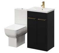Wholesale Domestic Alessio Vanity Unit and Toilet Suite including Open Back Toilet and Floor Standing Vanity Unit with 2 Doors and Brushed Brass Handles | Matt Black | MDF | 500mm