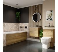 Wholesale Domestic Ashby Slim Edge Straight Single Ended Bathroom Suite including Furniture Set with Minimalist Basin | Autumn Oak | ABS Polished Chrome | 1700mm x 750mm