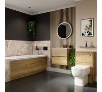 Wholesale Domestic Ashby Slim Edge Straight Single Ended Bathroom Suite including Furniture Set with Minimalist Basin | Autumn Oak | ABS Polished Chrome | 1700mm x 700mm