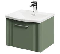 Wholesale Domestic Avant Wall Mounted Vanity Unit with 1 Tap Hole Curved Basin and Single Drawer with Polished Chrome Handle | Satin Green | MDF | 500mm