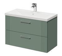 Wholesale Domestic Avant Wall Mounted Vanity Unit with 1 Tap Hole Mid Edge Basin and 2 Drawers with Polished Chrome Handles | Satin Green | MDF | 800mm
