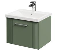 Wholesale Domestic Avant Wall Mounted Vanity Unit with 1 Tap Hole Mid Edge Basin and Single Drawer with Polished Chrome Handle | Satin Green | MDF | 500mm