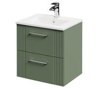Wholesale Domestic Avant Wall Mounted Vanity Unit with 1 Tap Hole Minimalist Basin and 2 Drawers with Polished Chrome Handles | Satin Green | MDF | 500mm