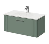 Wholesale Domestic Avant Wall Mounted Vanity Unit with 1 Tap Hole Minimalist Basin and Single Drawer with Polished Chrome Handle | Satin Green | MDF | 800mm