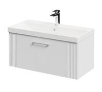 Wholesale Domestic Avant Wall Mounted Vanity Unit with 1 Tap Hole Slim Edge Basin and Single Drawer with Polished Chrome Handle | Satin White | MDF | 800mm