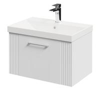 Wholesale Domestic Avant Wall Mounted Vanity Unit with 1 Tap Hole Slim Edge Basin and Single Drawer with Polished Chrome Handle | Satin White | MDF | 600mm