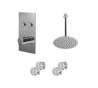 Wholesale Domestic Circo Polished Push Button Diverter Concealed Thermostatic Shower Valve and Round Head with 300mm Ceiling Arm and 4 Body Jets | Chrome | Stainless Steel | 200mm