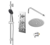 Wholesale Domestic Cross Polished Concealed Triple Thermostatic Shower Valve and Thin Round Fixed Head | Chrome | Stainless Steel | 200mm