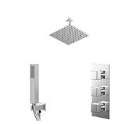 Wholesale Domestic Cubix Polished Concealed Triple Thermostatic Shower Valve and Square Head with 150mm Ceiling Arm and Outlet Holder with Kit | Chrome | Stainless Steel | 300mm