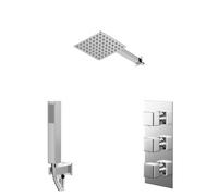 Wholesale Domestic Cubix Polished Concealed Triple Thermostatic Shower Valve and Square Head with 345mm Wall Arm and Outlet Holder with Kit | Chrome | Stainless Steel | 200mm
