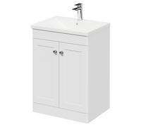 Wholesale Domestic Danbury Floor Standing Vanity Unit with 1 Tap Hole Modern Basin and 2 Doors with Polished Chrome Handles | Satin White | MDF | 600mm