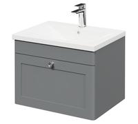Wholesale Domestic Danbury Wall Mounted Vanity Unit with 1 Tap Hole Modern Basin and Single Drawer with Polished Chrome Handle | Satin Grey | MDF | 600mm