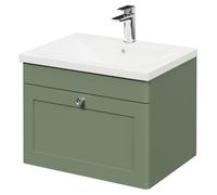 Wholesale Domestic Danbury Wall Mounted Vanity Unit with 1 Tap Hole Modern Basin and Single Drawer with Polished Chrome Handle | Satin Green | MDF | 600mm