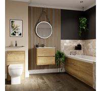 Wholesale Domestic Dean Straight Single Ended Bathroom Suite including Furniture Set with Minimalist Basin | Autumn Oak | ABS Polished Chrome | 1700mm x 700mm