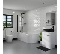 Wholesale Domestic Encore Left Hand Curved Bathroom Suite including Countertop Basin and Gloss White Vanity Unit with Polished Chrome Handles | Matt Black | ABS Polished Chrome | 1700mm