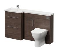 Wholesale Domestic Napoli Combination Brown Oak Vanity Unit with Left Hand L Shaped 1 Tap Hole Basin and 2 Drawers and 1 Door with Chrome Handles | 1500mm