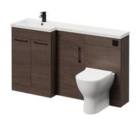 Wholesale Domestic Napoli Combination Brown Oak Vanity Unit with Left Hand L Shaped 1 Tap Hole Basin and 3 Doors with Colore Matt Black Handles | 1500mm